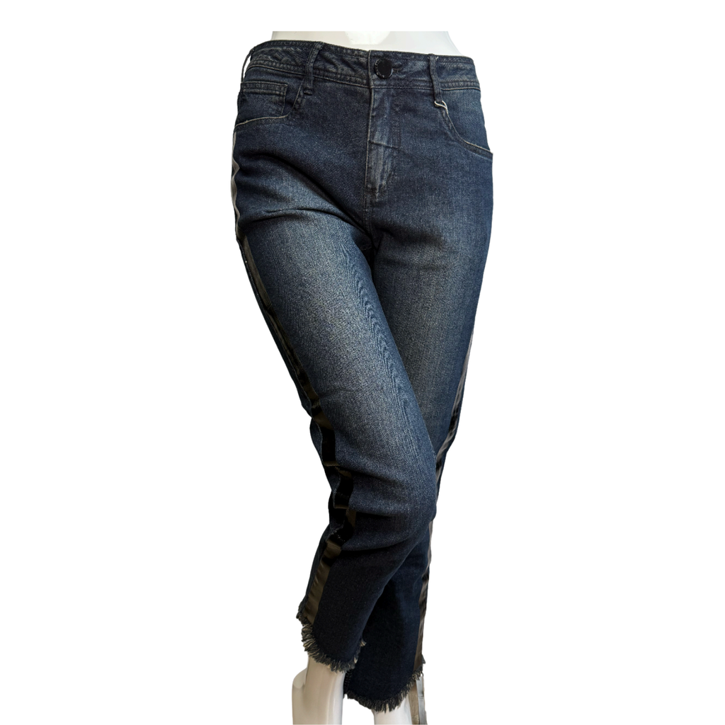 Morena Rosa Distressed Denim Jeans with Black Leather Side Stripe