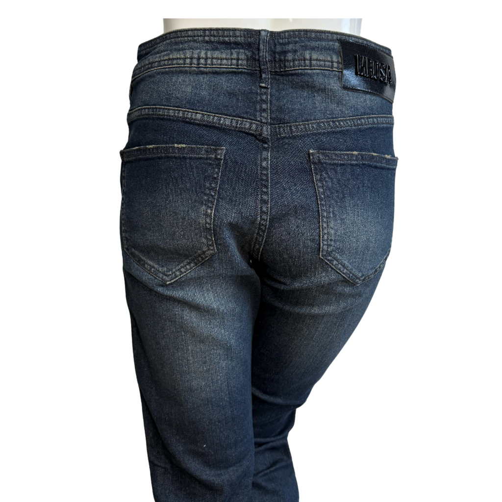 Morena Rosa Distressed Denim Jeans with Black Leather Side Stripe