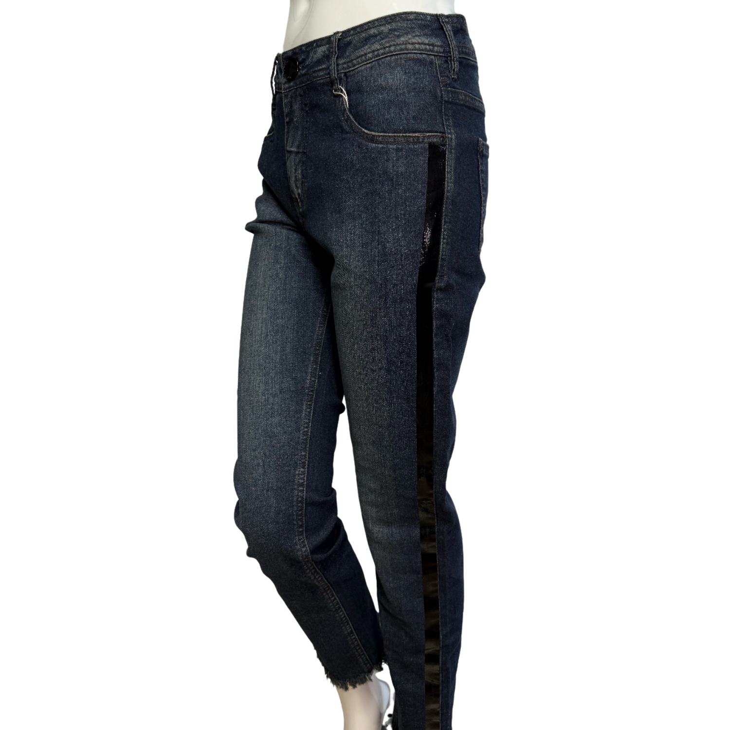 Morena Rosa Distressed Denim Jeans with Black Leather Side Stripe