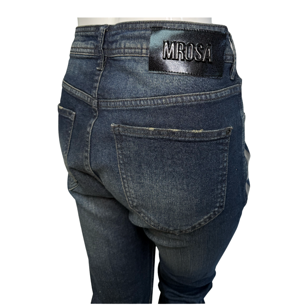 Morena Rosa Distressed Denim Jeans with Black Leather Side Stripe
