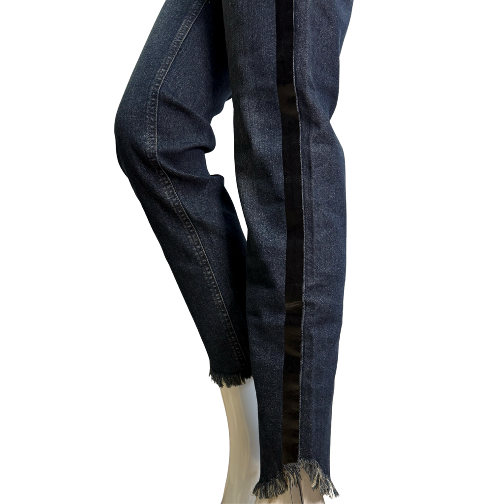 Morena Rosa Distressed Denim Jeans with Black Leather Side Stripe