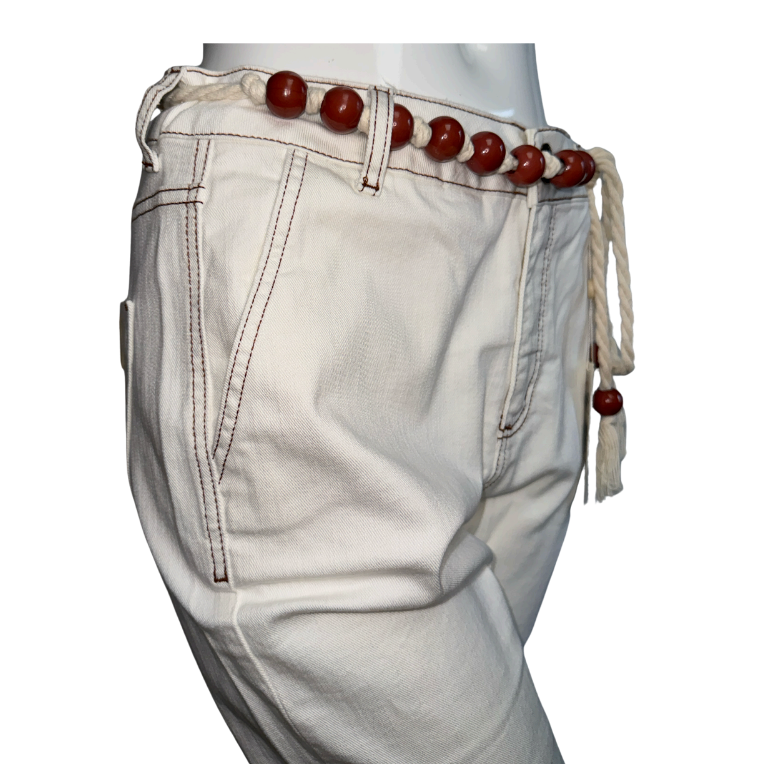 Morena Rosa White Tailored Pants with Wooden Bead Belt