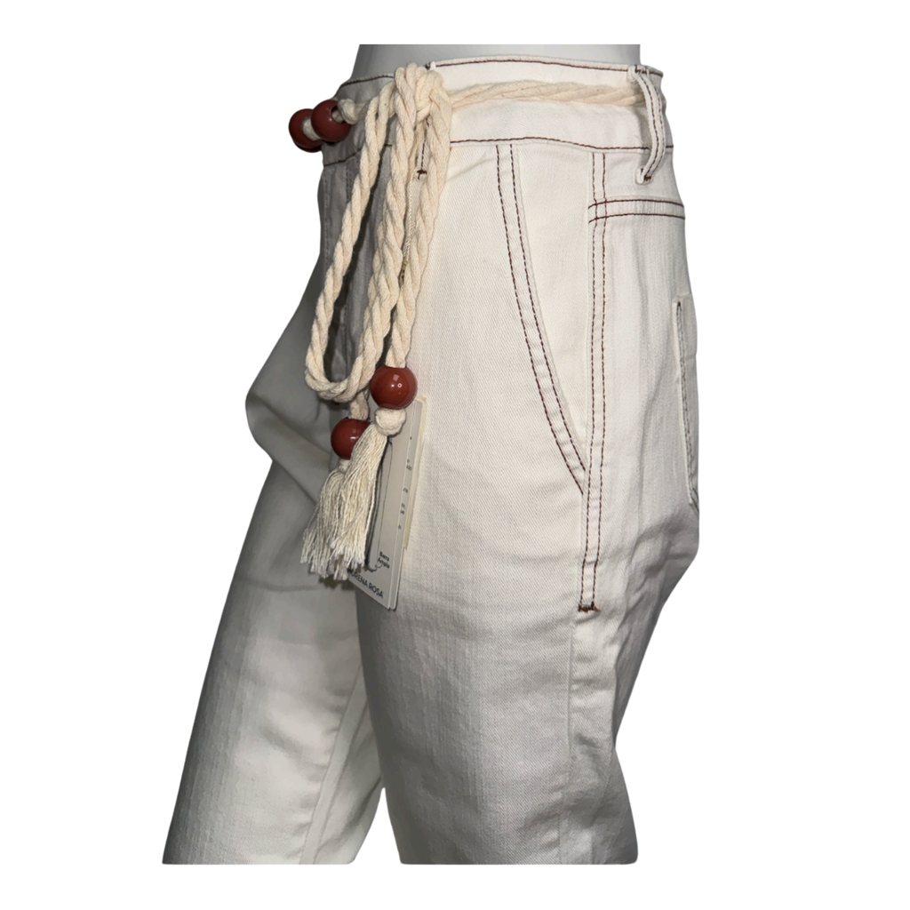 Morena Rosa White Tailored Pants with Wooden Bead Belt