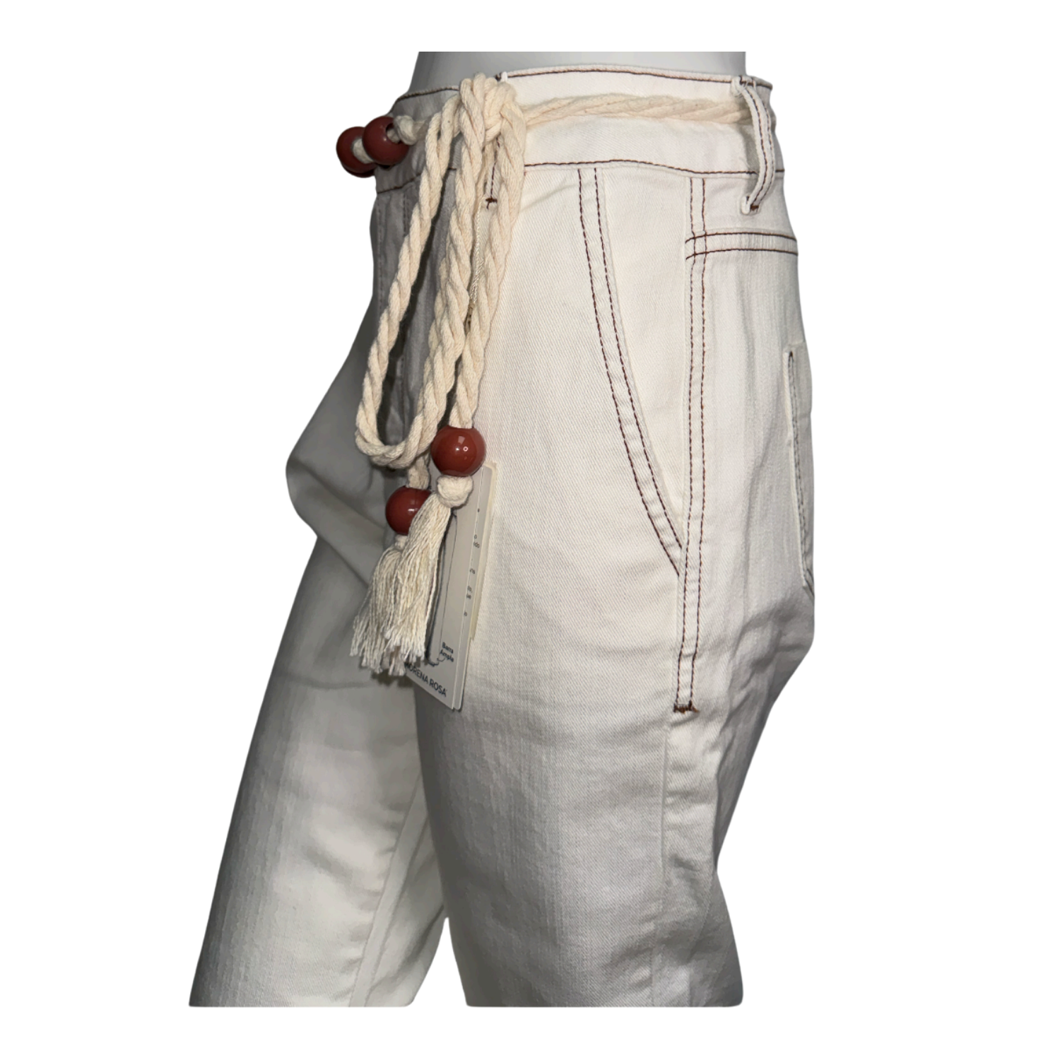 Morena Rosa White Tailored Pants with Wooden Bead Belt