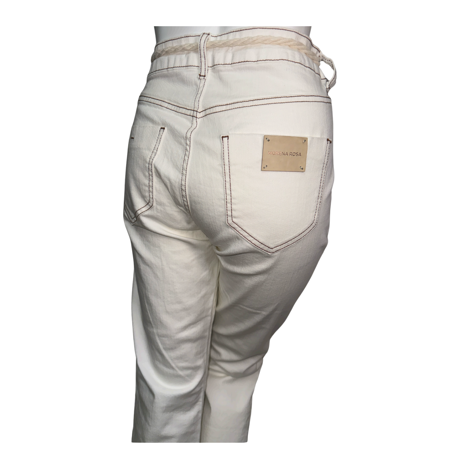 Morena Rosa White Tailored Pants with Wooden Bead Belt