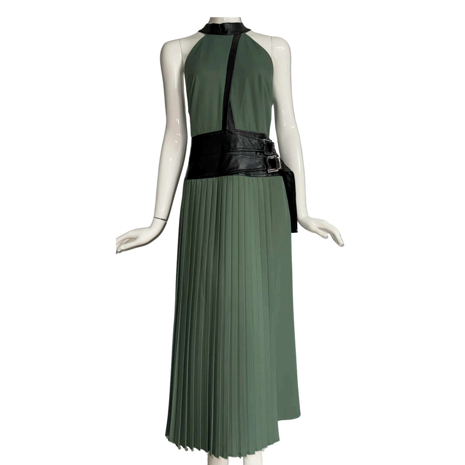 Skunk Green Maxi Dress with Black Leather Belt Detail