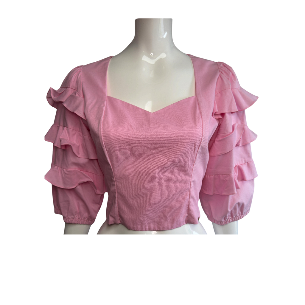 Contra Sensura Pink Ruffle Sleeve Cropped Top