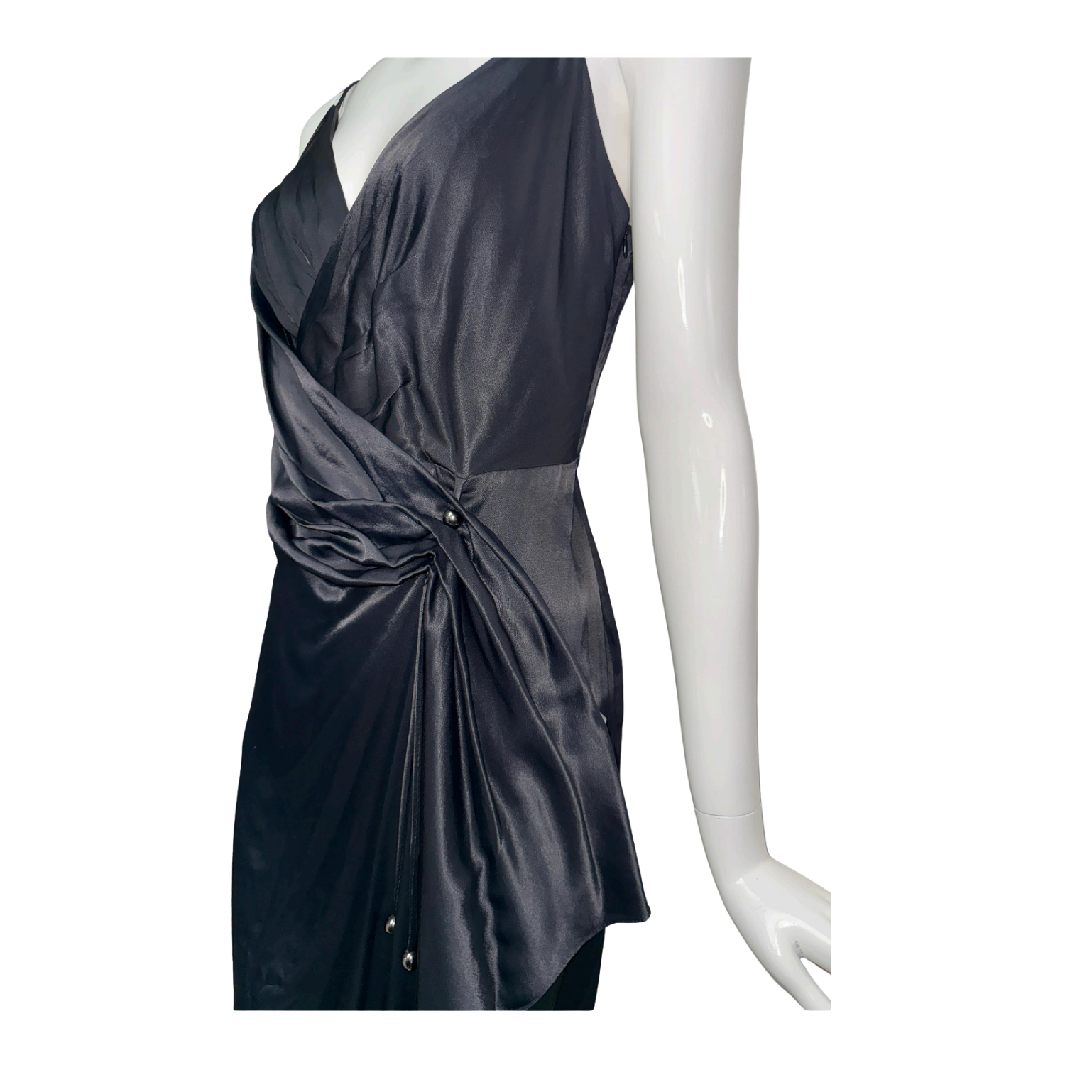 Skunk Draped Satin Dress with Waist Tie