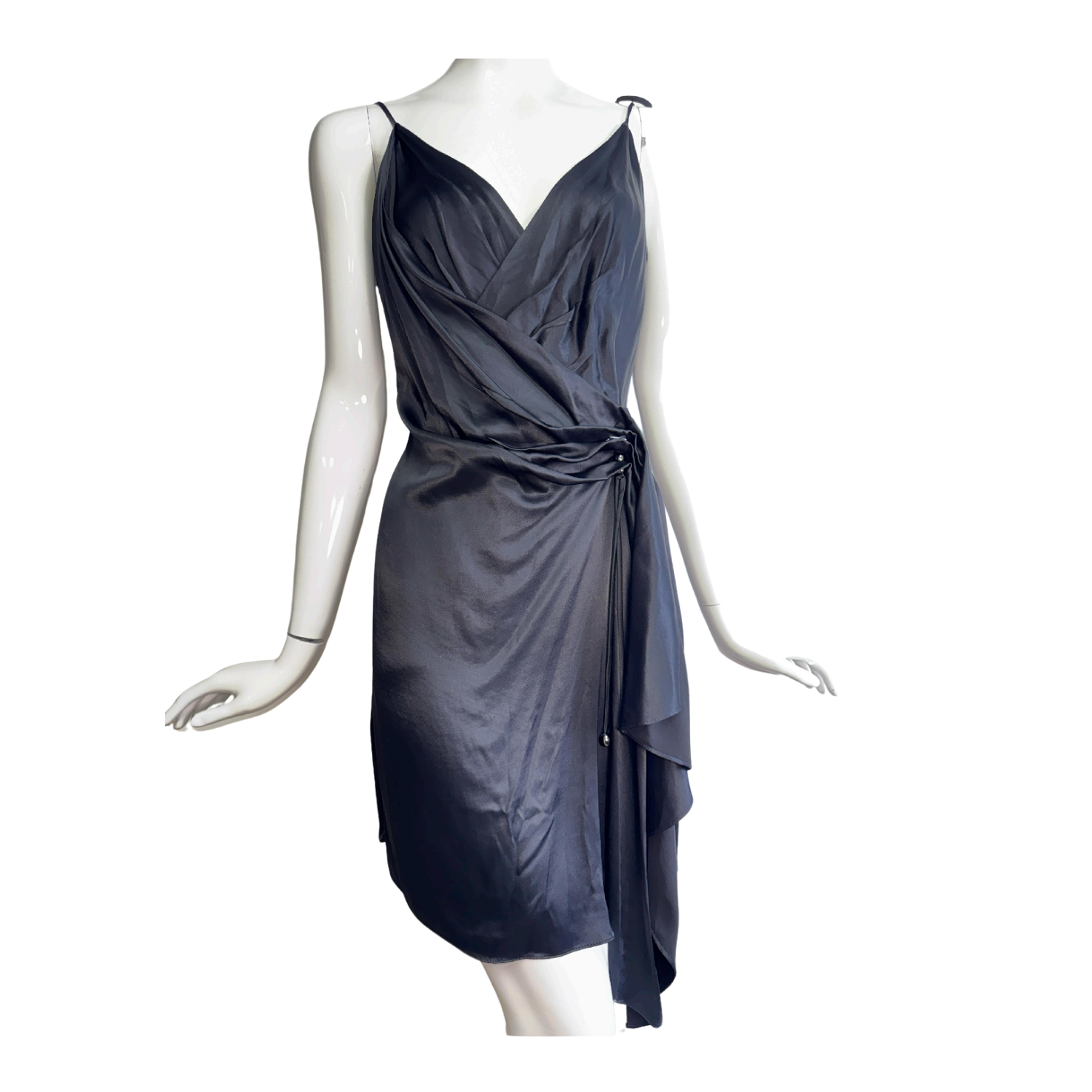 Skunk Draped Satin Dress with Waist Tie
